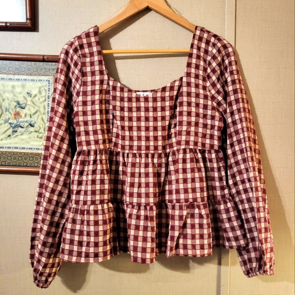 Gingham maroon baby doll blouse